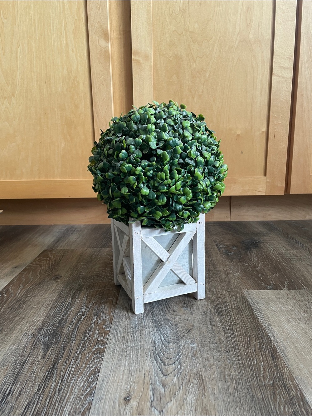 Faux Boxwood 8-9” Topiary in White Rustic Crate - Green